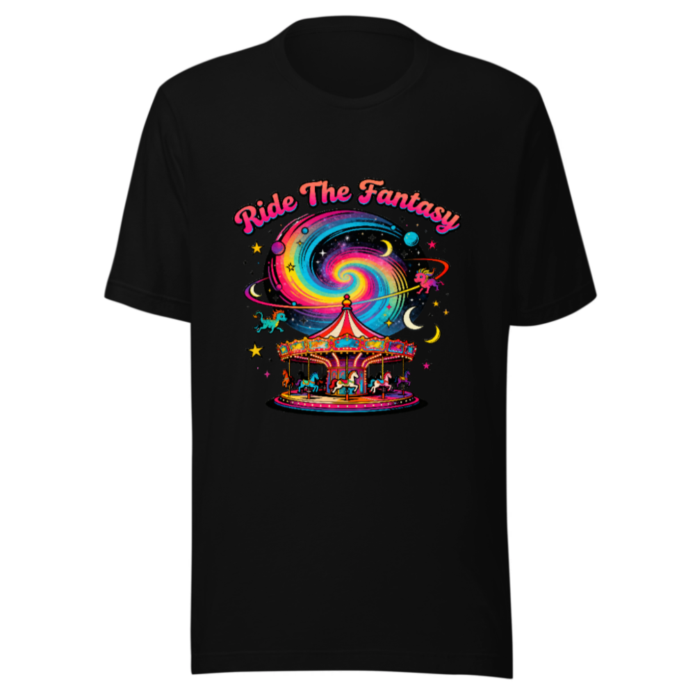 Unisex Staple T-Shirt - Ride The Fantasy Carousel Design, Vibrant Galaxy Print