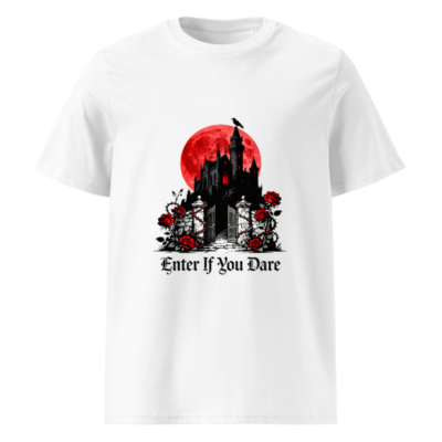 Unisex Organic Cotton T-Shirt - Gothic Castle & Red Moon Design, 'Enter If You Dare'