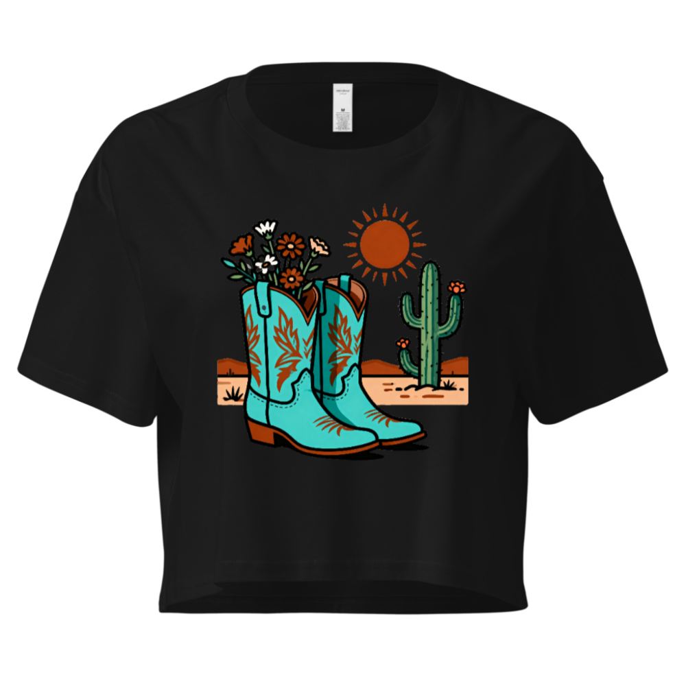 Women's Crop Top with Cowboy Boots & Cactus Desert Design - Teal Western Style