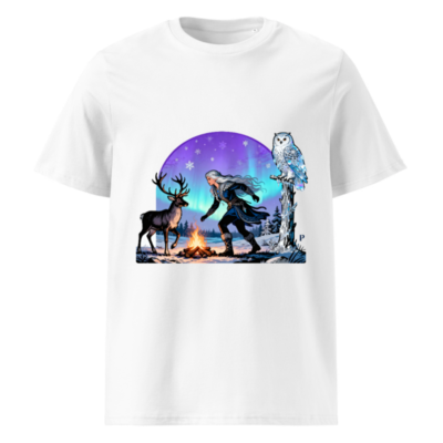 Unisex Organic Cotton T-Shirt: Winter Elf, Reindeer & Owl with Aurora Borealis