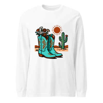 Unisex Long Sleeve Tee - Blue Cowboy Boots with Flowers & Cactus Desert Design