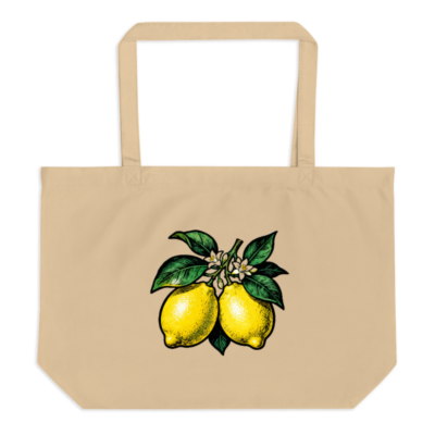Large Organic Tote Bag with Lemon Branch Design | Eco-Friendly Cotton Tote