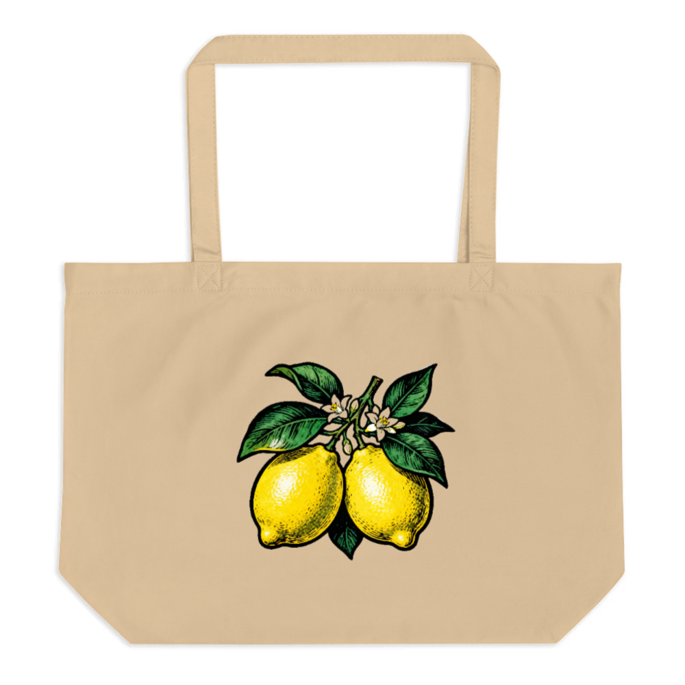 Large Organic Tote Bag with Lemon Branch Design | Eco-Friendly Cotton Tote