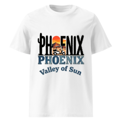 Phoenix Valley of Sun Unisex Organic Cotton T-Shirt - Cactus Sunset Golf Cart Design