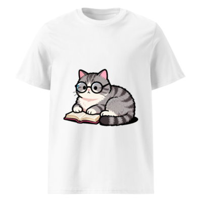 Unisex Organic Cotton T-Shirt with Cute Reading Cat Graphic