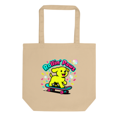 Eco Oyster Tote Bag | Rollin' Paws Yellow Puppy Skateboard Design