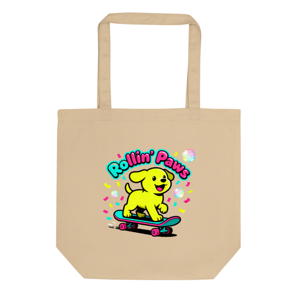 Eco Oyster Tote Bag | Rollin' Paws Yellow Puppy Skateboard Design