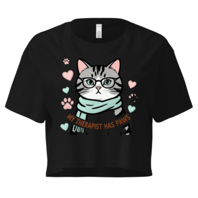 Women's Crop Top - My Therapist Has Paws Cat with Glasses & Scarf, Cute Pet Lover Tee