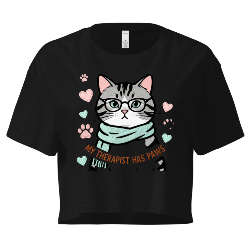 Women's Crop Top - My Therapist Has Paws Cat with Glasses & Scarf, Cute Pet Lover Tee