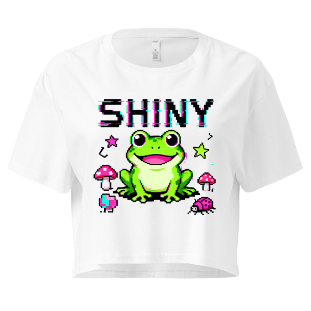 Shiny Frog Crop Top for Women | Pixel Art Green Frog, Mushrooms & Ladybug Design