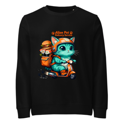 Unisex Organic Sweatshirt | Alien Pet Delivery Service Cat on Scooter