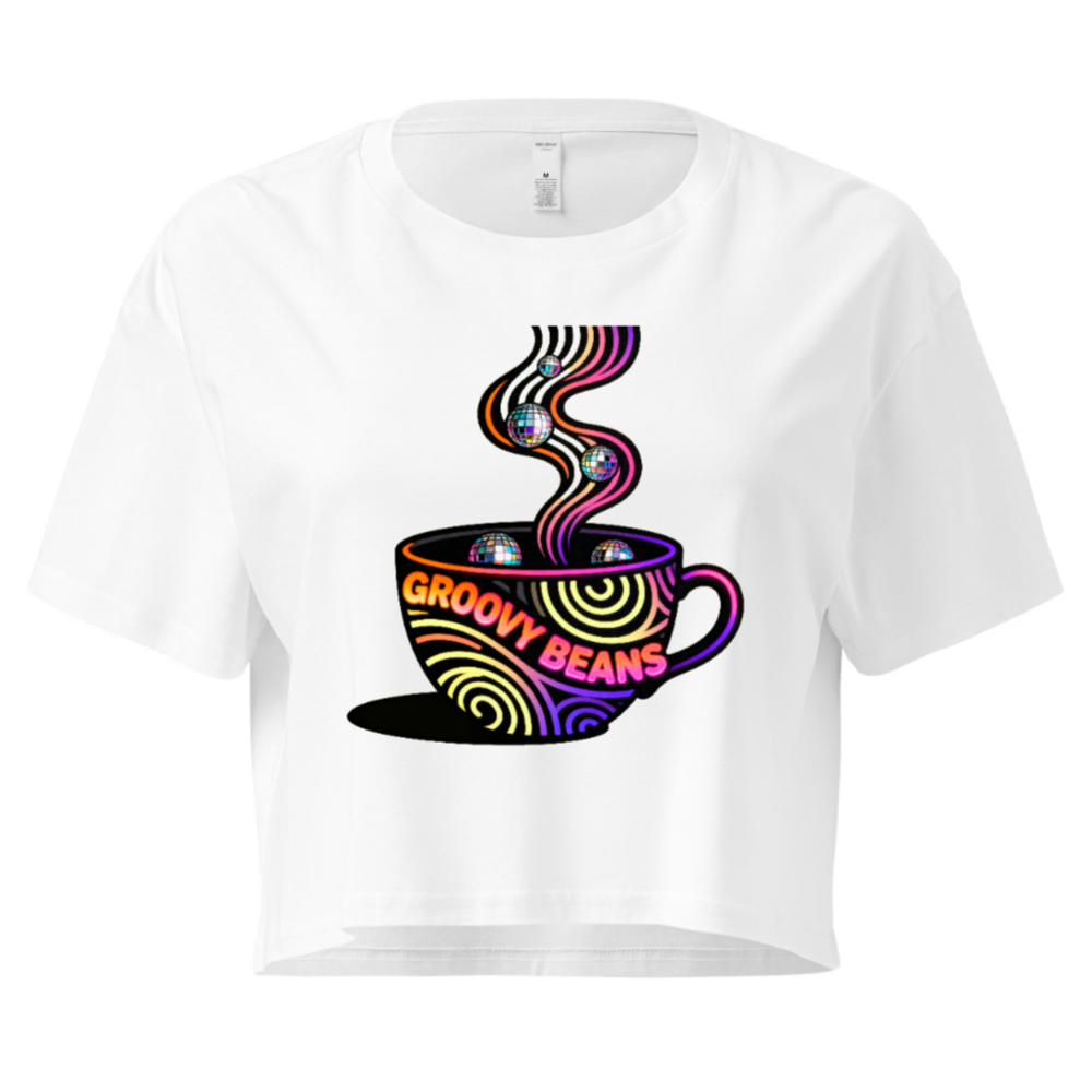 Women's Groovy Beans Crop Top | Neon Coffee Cup Design with Disco Balls