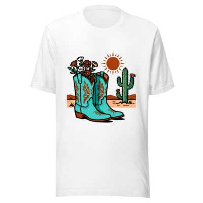 Unisex Turquoise Cowboy Boots & Cactus T-Shirt | Western Desert Design