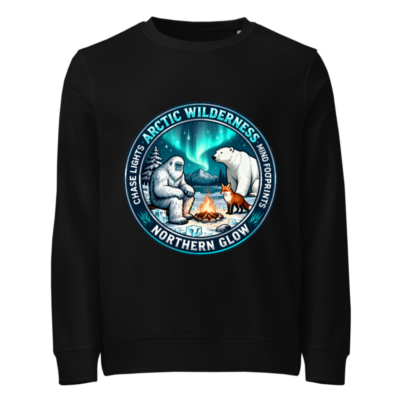 Unisex Organic Sweatshirt | Arctic Wilderness Northern Glow Design with Yeti, Polar Bear & Fox