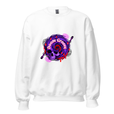 Doom Groove Skull Sweatshirt - Unisex Crew Neck, Purple Spiral Design with Guitar & Blood Drops