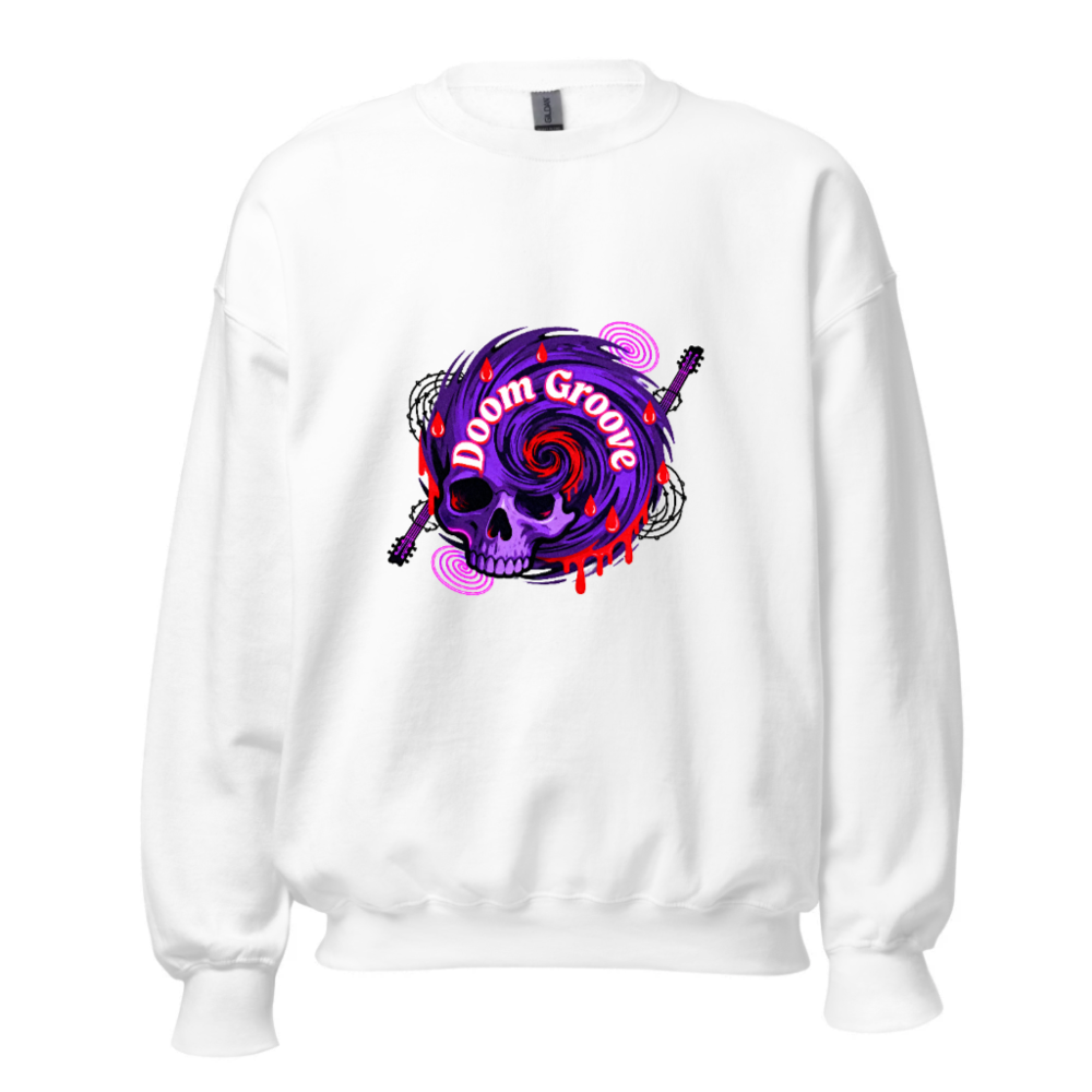 Doom Groove Skull Sweatshirt - Unisex Crew Neck, Purple Spiral Design with Guitar & Blood Drops