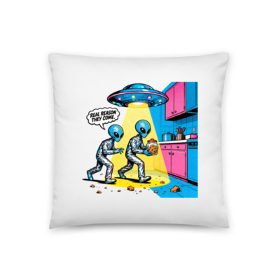 Alien Cookies Theft Pillow - Funny UFO Kitchen Design, 18"x18" Decorative Throw Pillow