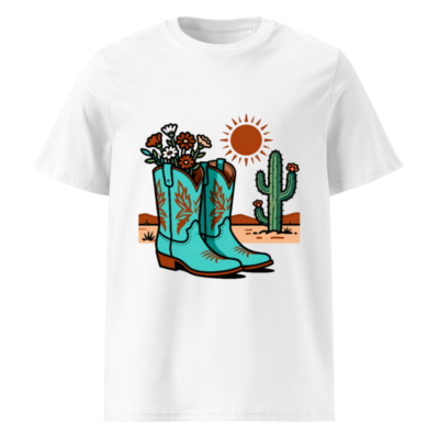 Unisex Organic Cotton T-Shirt | Cowboy Boots & Cactus Desert Design