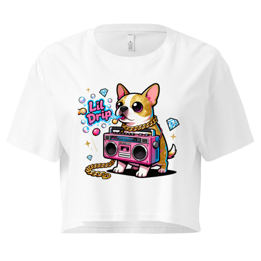 Women's Crop Top with Lil Drip Dog & Boombox Graphic - Trendy Short Sleeve Tee