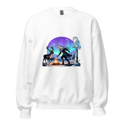 Unisex Crew Neck Sweatshirt with Winter Fantasy Owl, Reindeer & Aurora Borealis Design