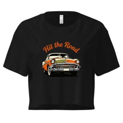 Women's Crop Top - Hit the Road Classic Car Graphic Tee, Orange & White Vintage Style