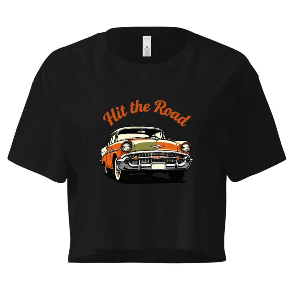 Women's Crop Top - Hit the Road Classic Car Graphic Tee, Orange & White Vintage Style