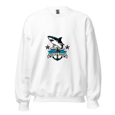 Deep Blue Danger Shark Crew Neck Sweatshirt - Unisex, Nautical Design