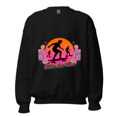 Unisex Crew Neck Sweatshirt - Ride the Vibe Skateboard Graphic, Retro Vintage Style