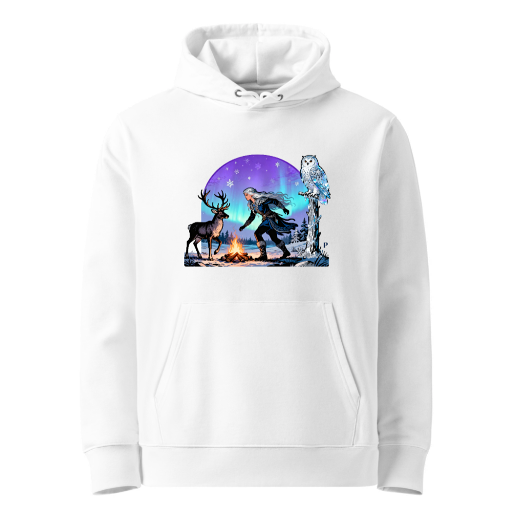 Unisex Eco Hoodie with Winter Aurora Deer Owl Design - Sustainable Essential Sweatshirt