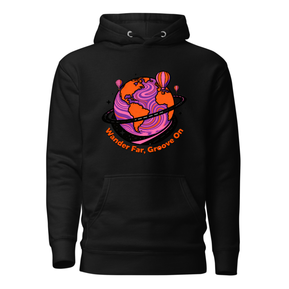 Unisex Premium Pullover Hoodie - Wander Far, Groove On Globe Design