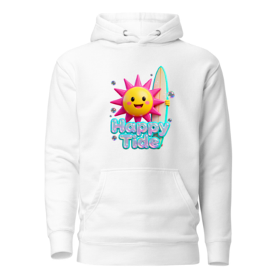 Happy Tide Unisex Premium Pullover Hoodie - Bright Sun & Surfboard Design