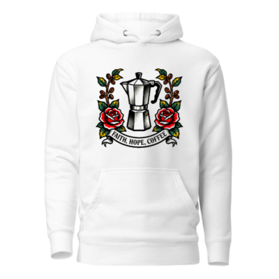 Unisex Premium Pullover Hoodie - Faith, Hope, Coffee Moka Pot Rose Tattoo Design