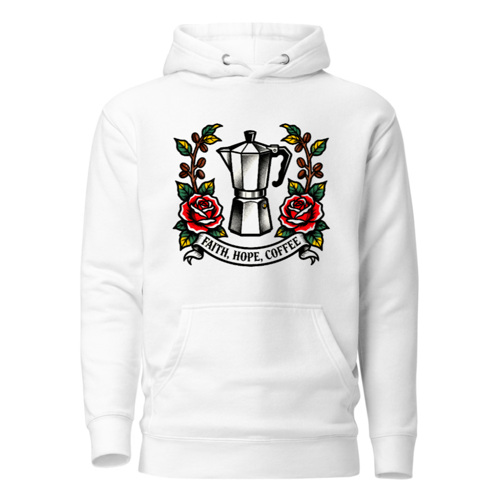 Unisex Premium Pullover Hoodie - Faith, Hope, Coffee Moka Pot Rose Tattoo Design