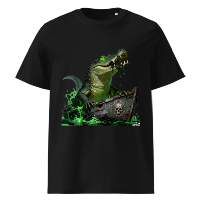 Unisex Organic Cotton T-Shirt: Green Crocodile in Pirate Boat - 'Ferryman of the Styx'