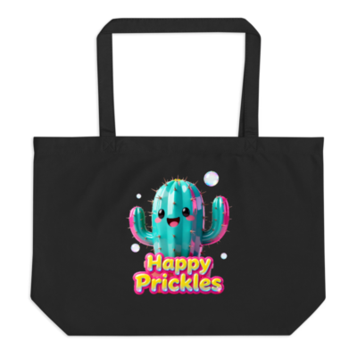 Organic Tote Bag with Happy Prickles Cactus Design - Large Black Eco-Friendly Canvas Bag