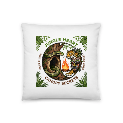 Jungle Heart Canopy Secrets Pillow | 18"x18" Basic Pillow with Snake, Jaguar & Tribal Mask Design