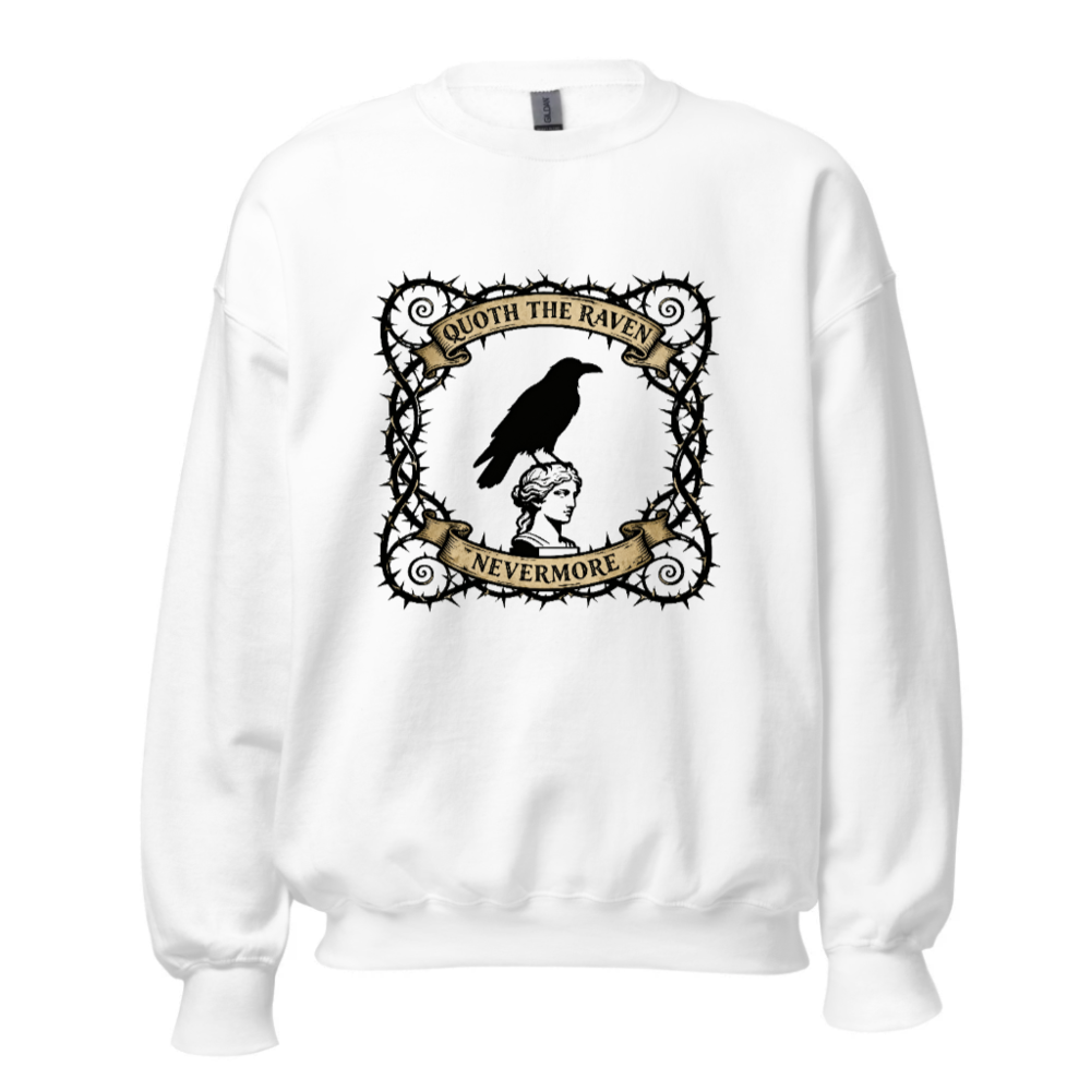 Unisex Crew Neck Sweatshirt - Quoth the Raven Nevermore, Gothic Raven & Bust Design