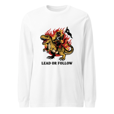 T-Rex & Cat Warrior Long Sleeve Tee - Lead or Follow Unisex Shirt