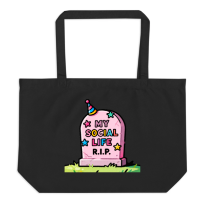 Large Black Organic Tote Bag | My Social Life R.I.P. Cartoon Graveyard Design