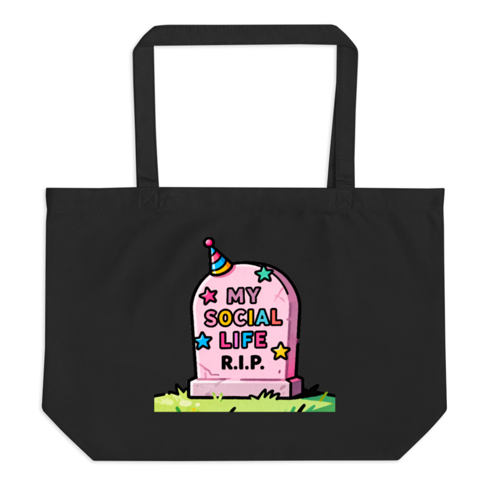 Large Black Organic Tote Bag | My Social Life R.I.P. Cartoon Graveyard Design