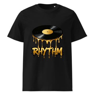 Unisex Organic Cotton T-Shirt | Vinyl Record Rhythm Design - Black Gold Drip Art