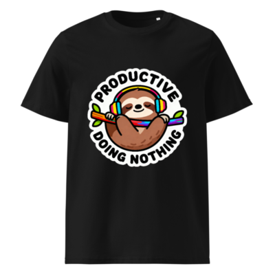 Unisex Organic Cotton T-Shirt | Sloth with Headphones - 'Productive Doing Nothing' Funny Slogan