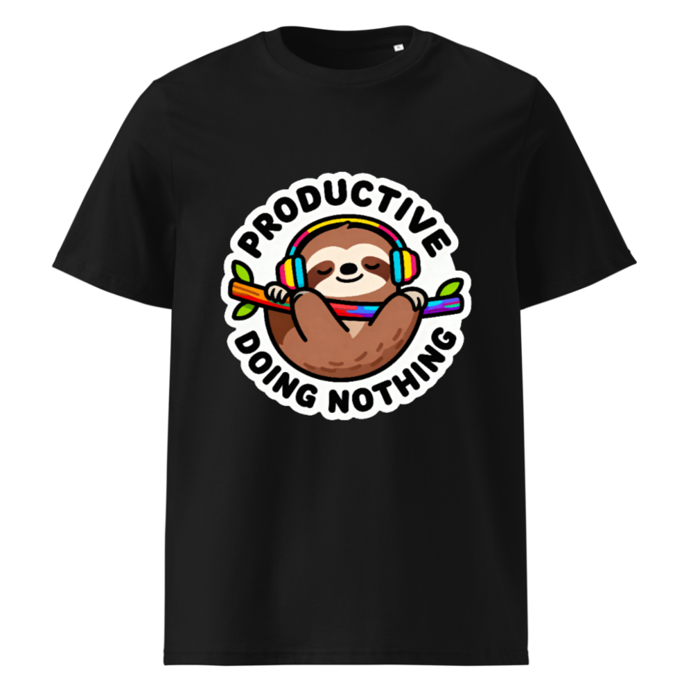 Unisex Organic Cotton T-Shirt | Sloth with Headphones - 'Productive Doing Nothing' Funny Slogan