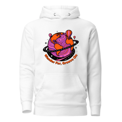 Unisex Premium Pullover Hoodie - Wander Far, Groove On Globe Design