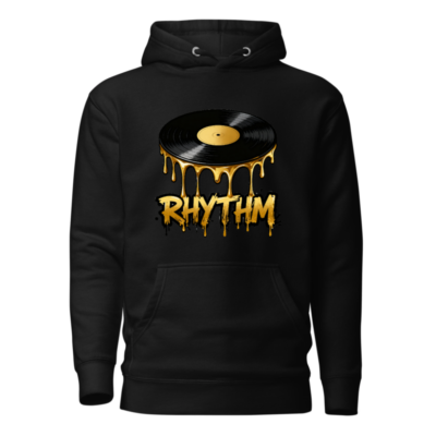 Unisex Premium Pullover Hoodie - Vinyl Record Rhythm Design, Black with Gold Drip Art