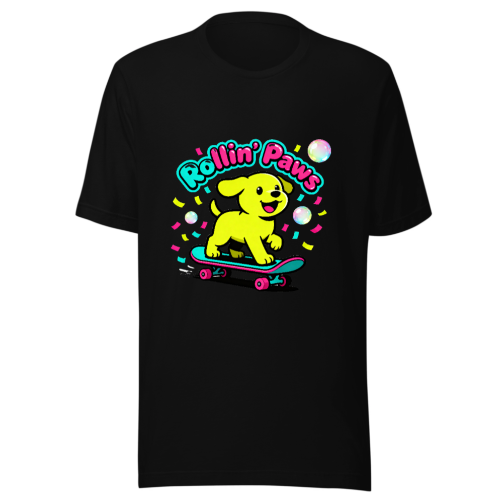 Rollin' Paws Unisex T-Shirt - Yellow Puppy Skateboard Design
