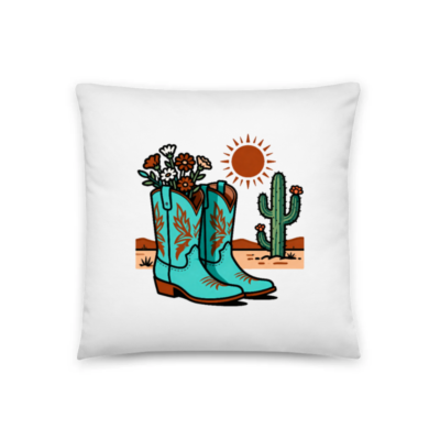 Turquoise Cowboy Boots with Flowers & Cactus Pillow | 18" x 18" Decorative Throw Pillow