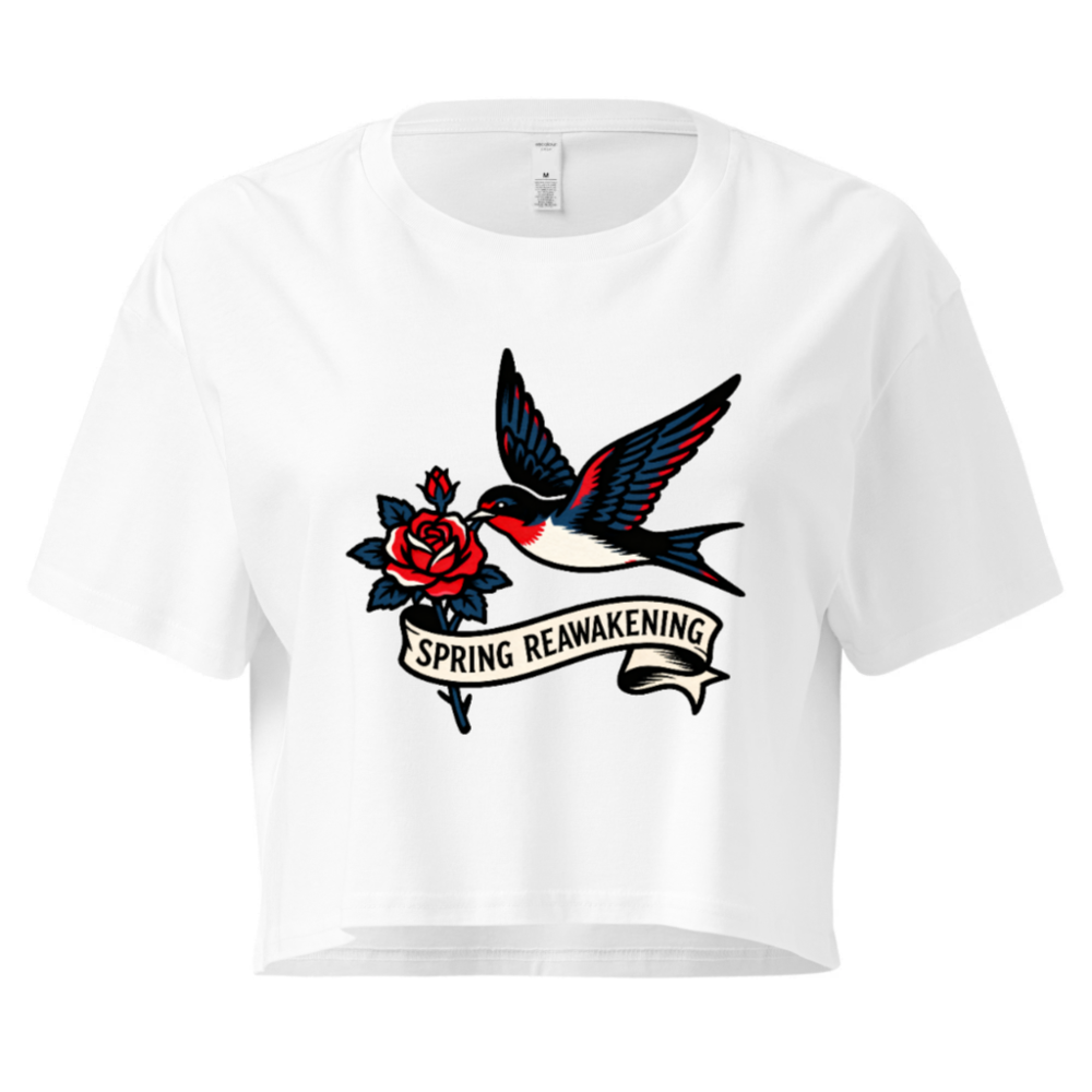 Women's Crop Top - Spring Reawakening Swallow & Rose Tattoo Design