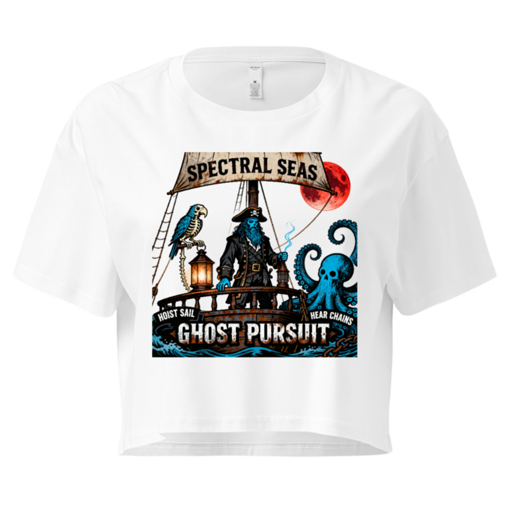 Women's Ghost Pursuit Crop Top | Spectral Seas Pirate Design with Blue Skeleton & Octopus