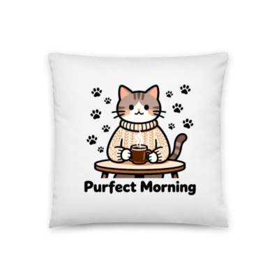 Purfect Morning Cat Pillow 18"x18" - Cozy Knit Cat with Steamy Mug, Paw Prints Design